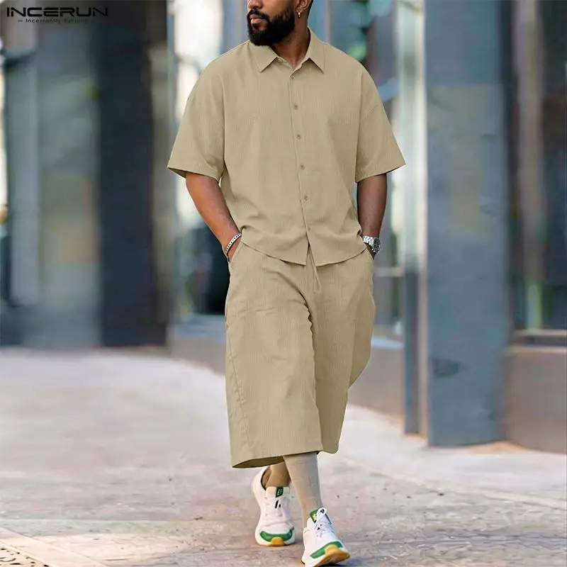 Men'S Fashion For 2026 - INCERUN Set Pria Celana Kemeja Lengan