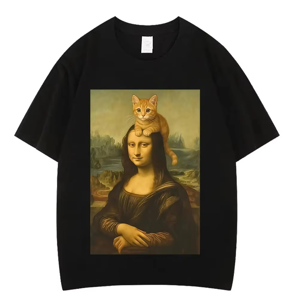 Men'S Fashion Aesthetics - Kaus Meme Lucu Cat Mona Lisa,