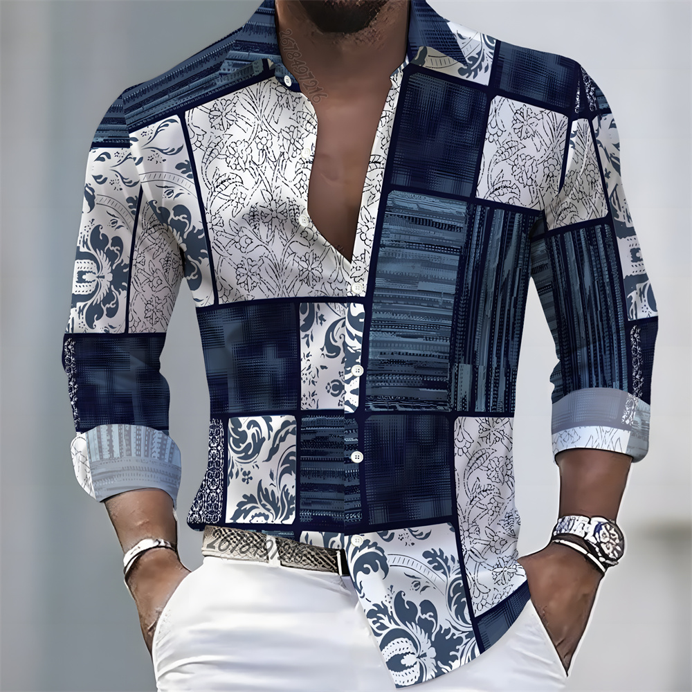 Mens Fashion Top - Kemeja Pria Lengan Panjang Motif Blok