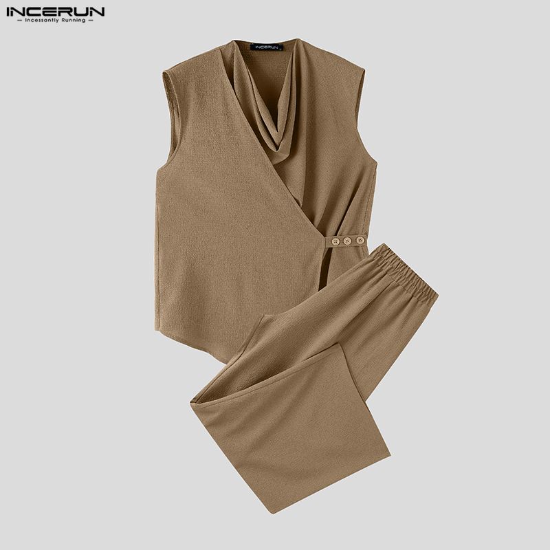 Track Suit Men - INCERUN Set Pria Warna Solid Tanpa