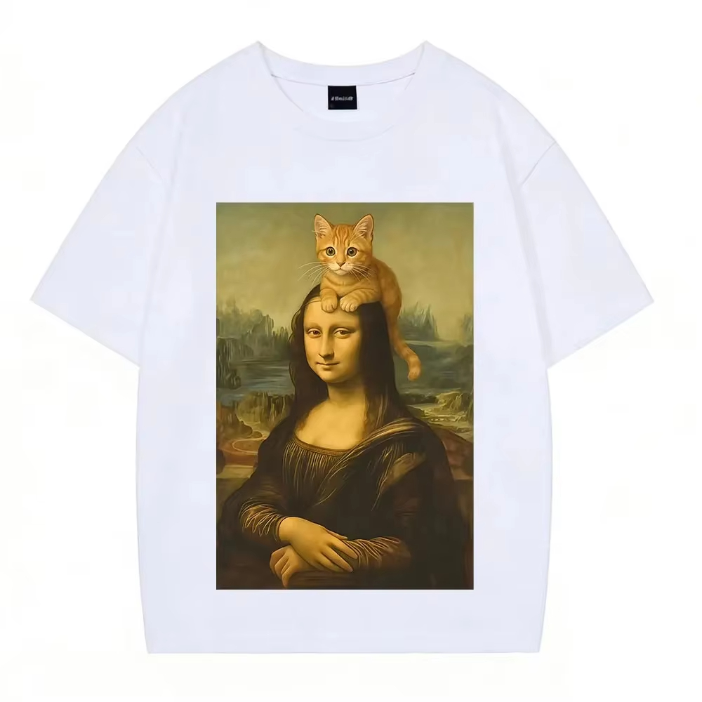 Kaus Meme Lucu Cat Mona Lisa,  - Men'S Fashion Aesthetics ulasan dan harga